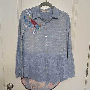 Embroidered Blue Button-Up Shirt